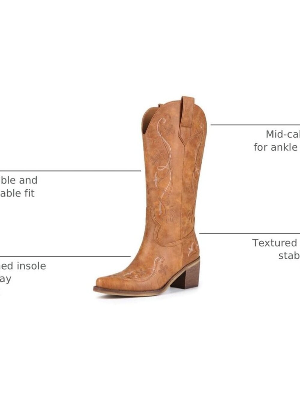 Womens Mid Calf Cowboy Floral Pointed Toe Chunky Boots